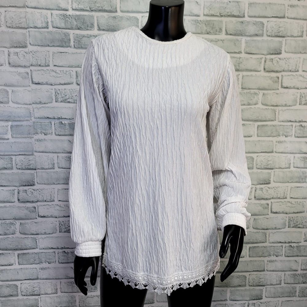 Vintage Beehive Clothing XS Tunic‎ Blouse Long Sleeves White Crinkle Material